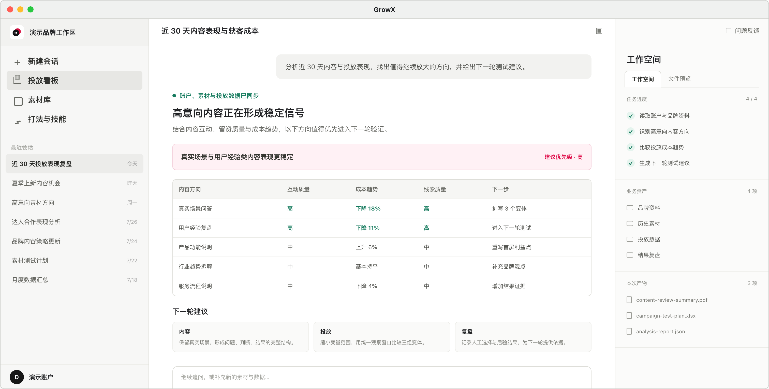 GrowX Desktop 投放诊断与工作空间示例界面